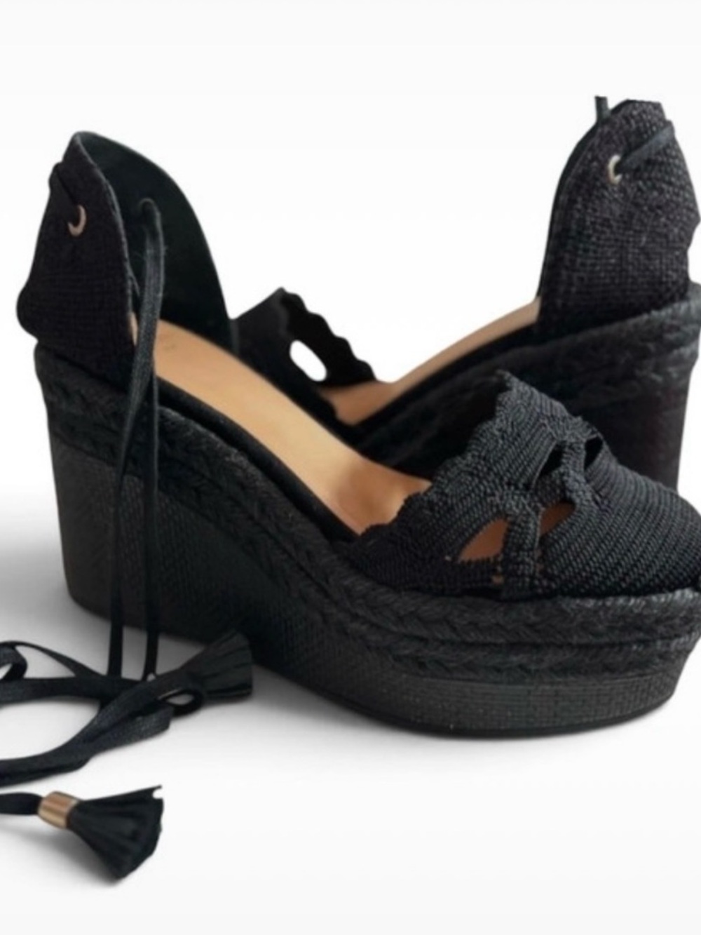 Castañer Black Crochet Lace-Up Espadrille Platform Wedge Sandals Raffia Size 7.5